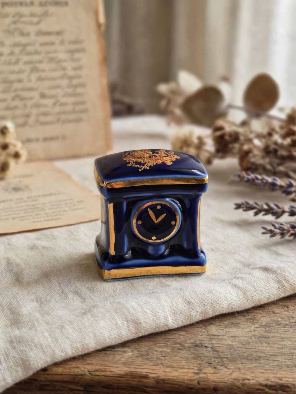Vintage Limoges France Cobalt Blue & 22K Gold Miniature Clock Figurine